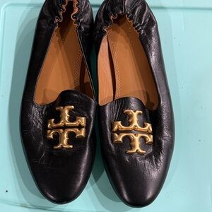 Tory Burch Black Leather Ballet Flats with Gold Logo